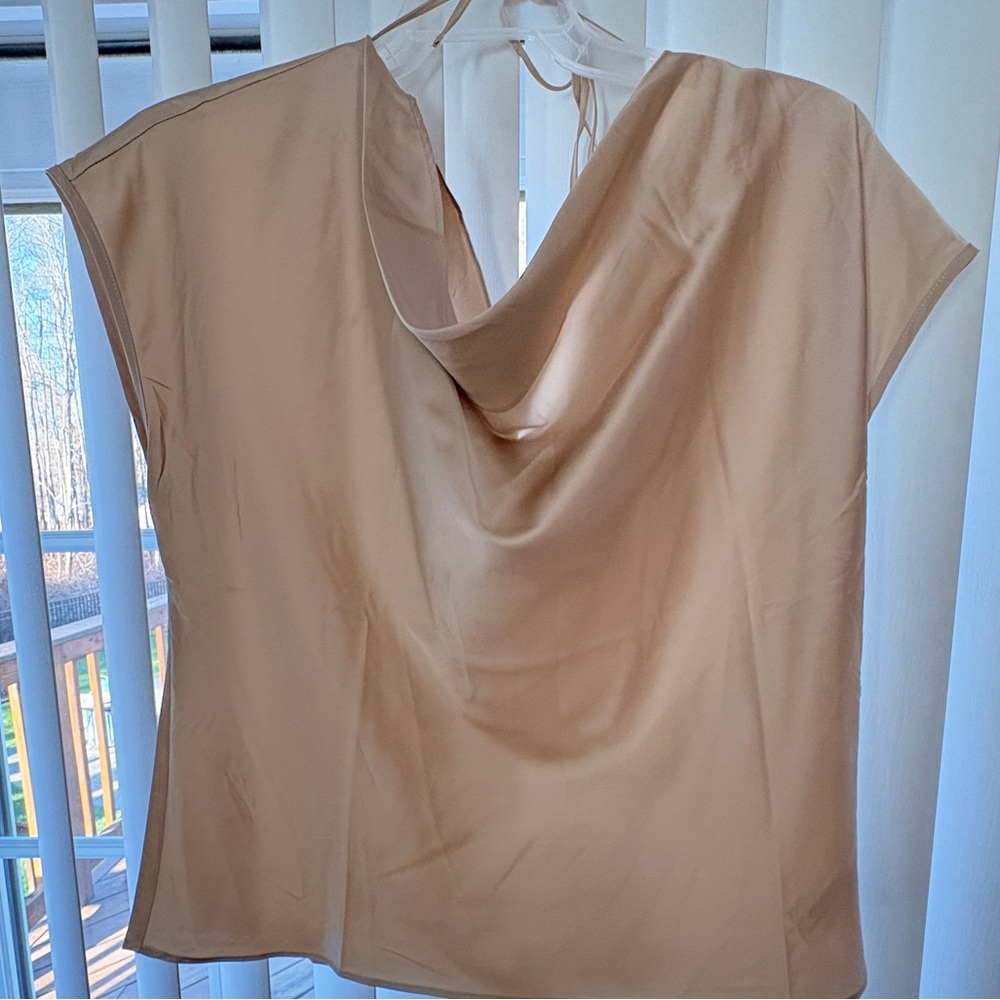 Gold Silk Blouse. Elegant w/low dropped back&pretty tie up . NWOT